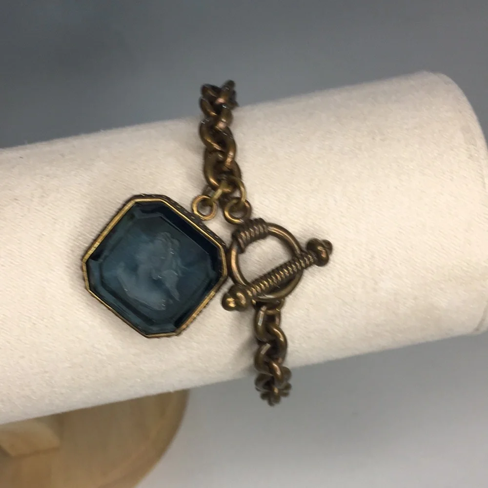 Blue & Antiqued Gold Chain Link Bracelet w/ Square Gemstone